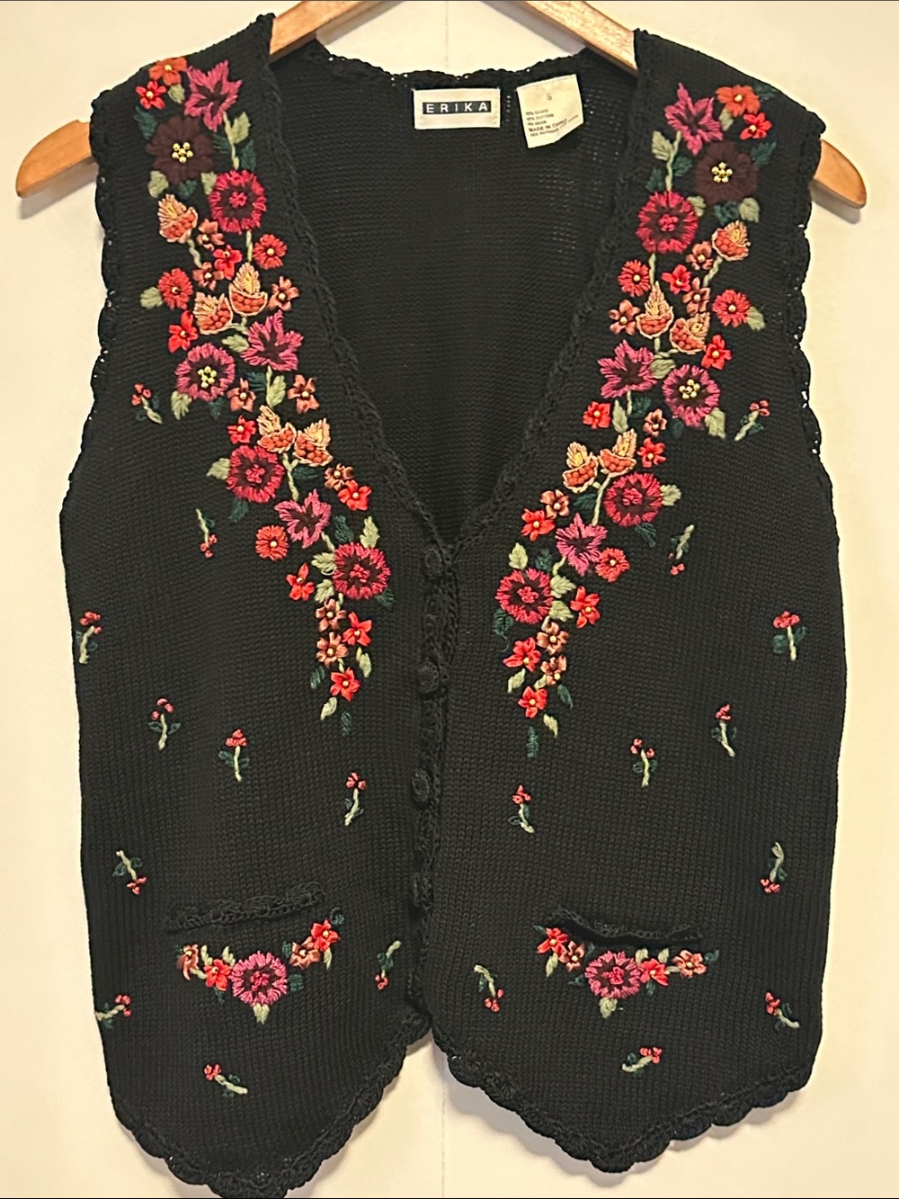 Vintage Erika Black V-Neck Floral Embroidered Button Front Sweater Vest